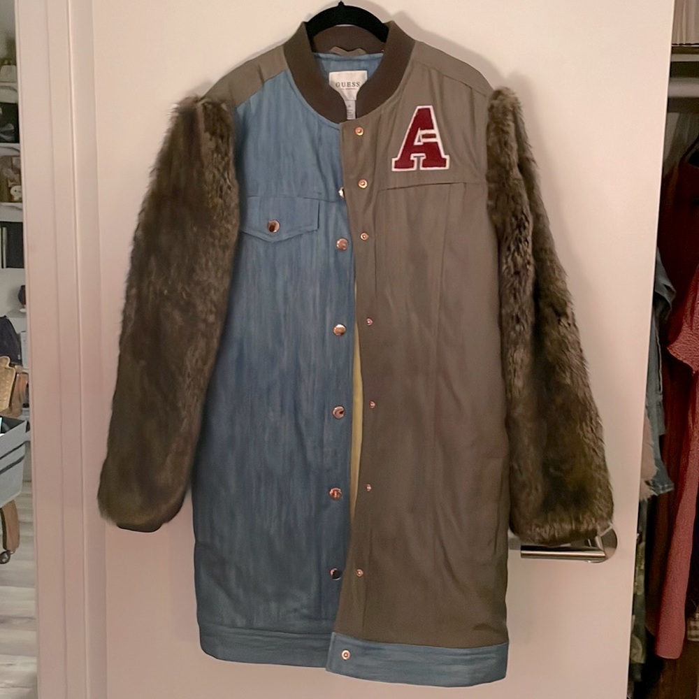 Guess Faux Fur Denim Color Block Coat